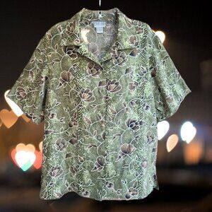 Devotion Women's Top Blouse Button Front Short Sleeves Olive Green Size L